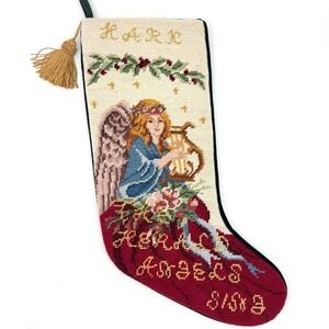 Vintage Hark the Herald Angels Sing Christmas Needlepoint Stocking Velvet Back